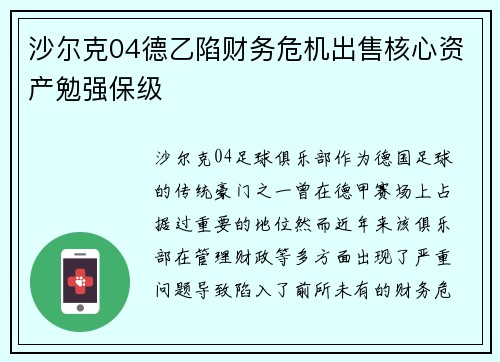 沙尔克04德乙陷财务危机出售核心资产勉强保级